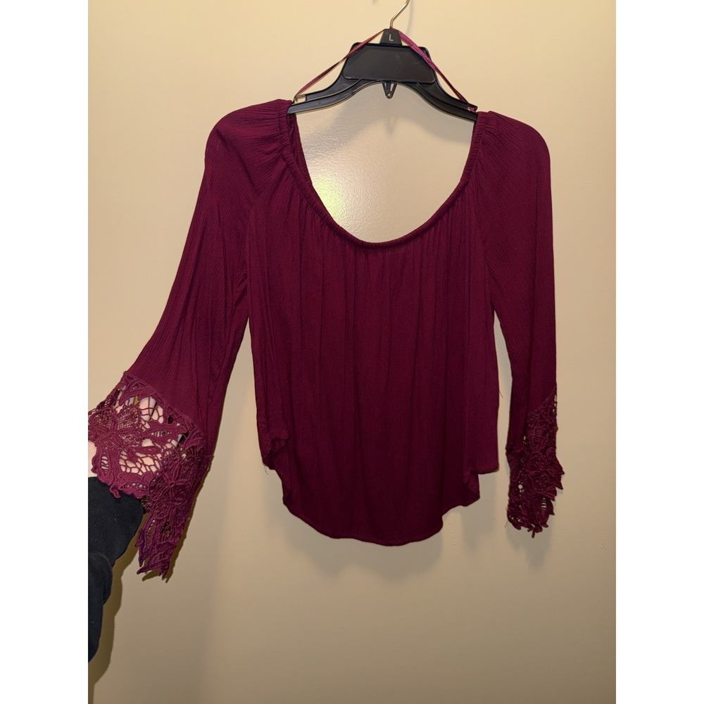 Lace Cuff Top Off The Shoulder Shirt Burgundy Red Women's Large Boho Romantic